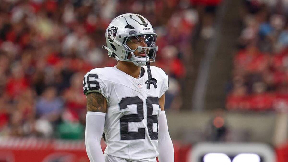  Dec 21, 2025; Houston, Texas, USA; Las Vegas Raiders cornerback Darien Porter (26) during a television timeout against the Houston Texans in the first quarter at NRG Stadium. Mandatory Credit: Thomas Shea-Imagn Images | Thomas Shea-Imagn Images 
