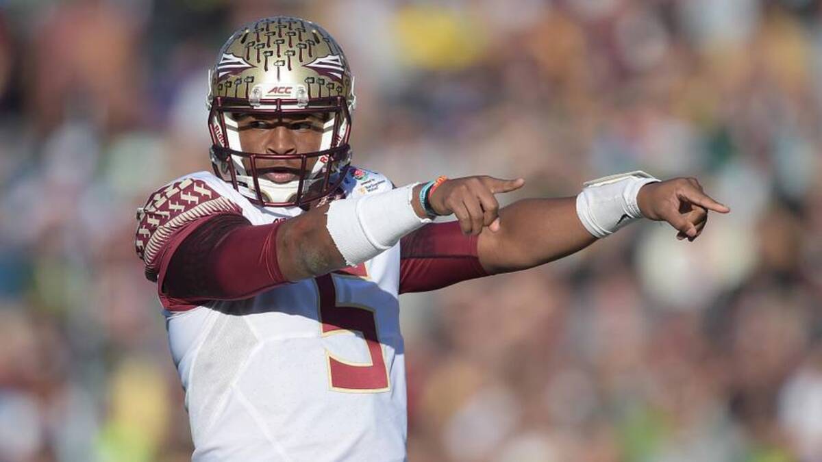  Jan 1, 2015; Pasadena, CA, USA; Florida State Seminoles quarterback Jameis Winston (5) gestures during the 2015 Rose Bowl college football game against the Oregon Ducks at Rose Bowl. Oregon defeated Florida State 59-20. Mandatory Credit: Kirby Lee-Imagn Images | Kirby Lee-Imagn Images 