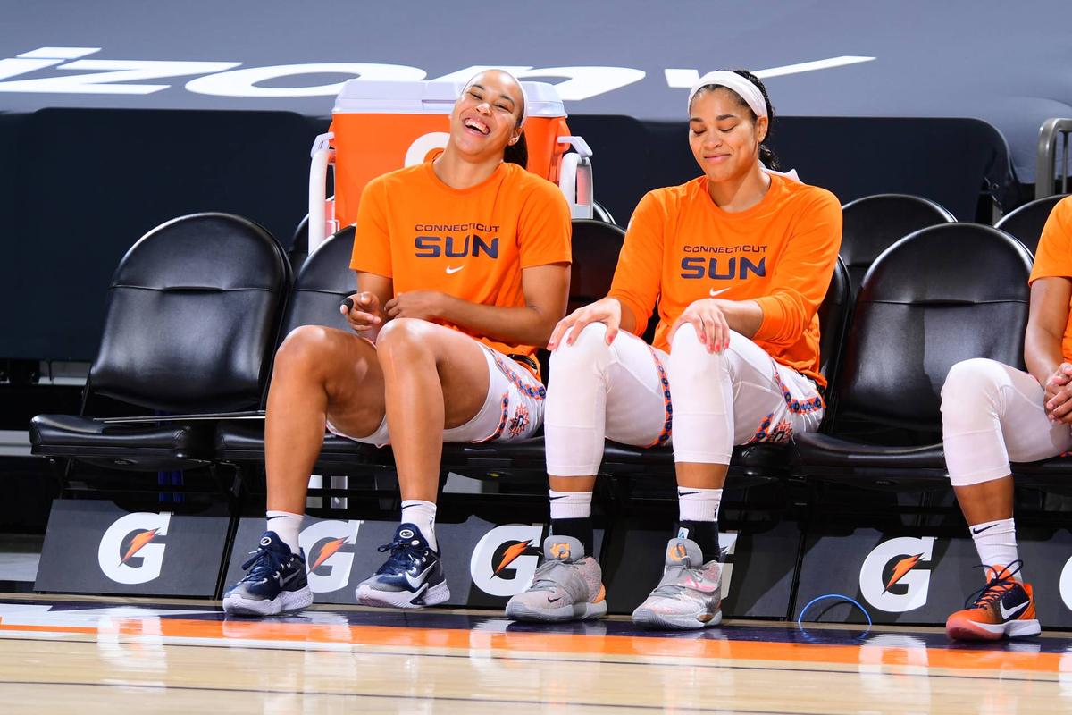 Stephanie Jones, left, and Brionna Jones, seen when they were Connecticut Sun teammates in Phoenix on Sept. 11, 2021, are playing together again with the Atlanta Dream. Michael Gonzales/NBAE via Getty Images