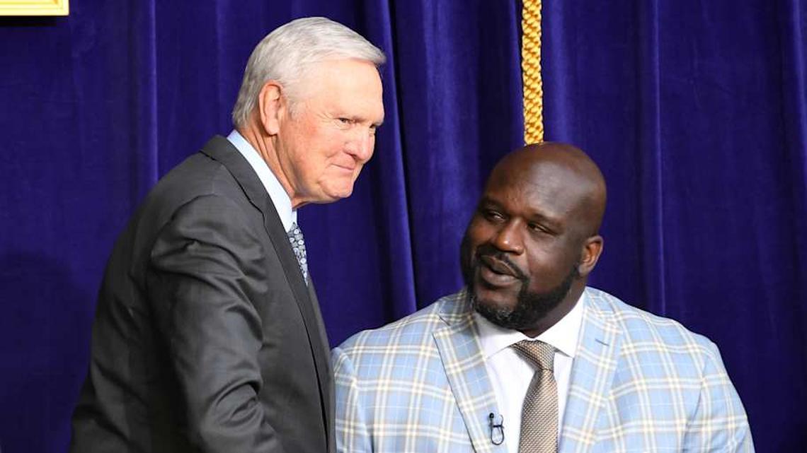  Mar 24, 2017; Los Angeles, CA, USA; Jerry West (left) shakes hands with Los Angeles Lakers former center Shaquille O'Neal during ceremony to unveil statue of O'Neal at Staples Center. Mandatory Credit: Kirby Lee-Imagn Images | Kirby Lee-Imagn Images 