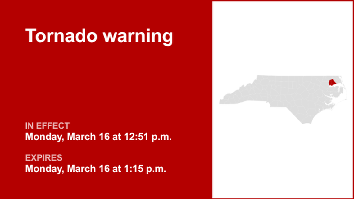 Chowan and Perquimans counties placed under a tornado warning Monday afternoon 