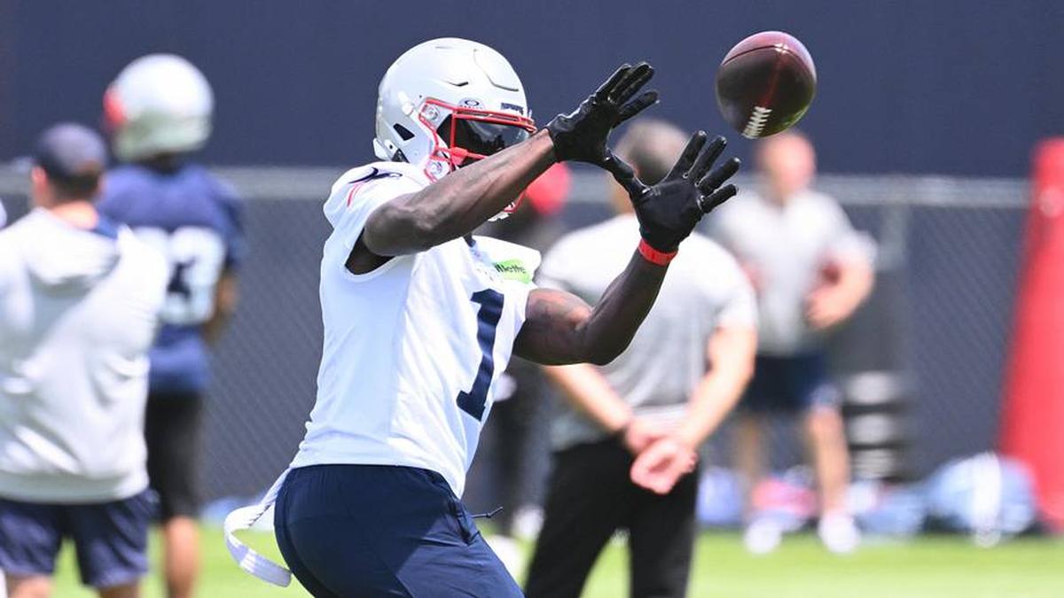  Jun 2, 2026; Foxborough, MA, USA; New England Patriots wide receiver A.J. Brown (1) makes a catch during the team's OTA at Gillette Stadium. Mandatory Credit: Eric Canha-Imagn Images | Eric Canha-Imagn Images 