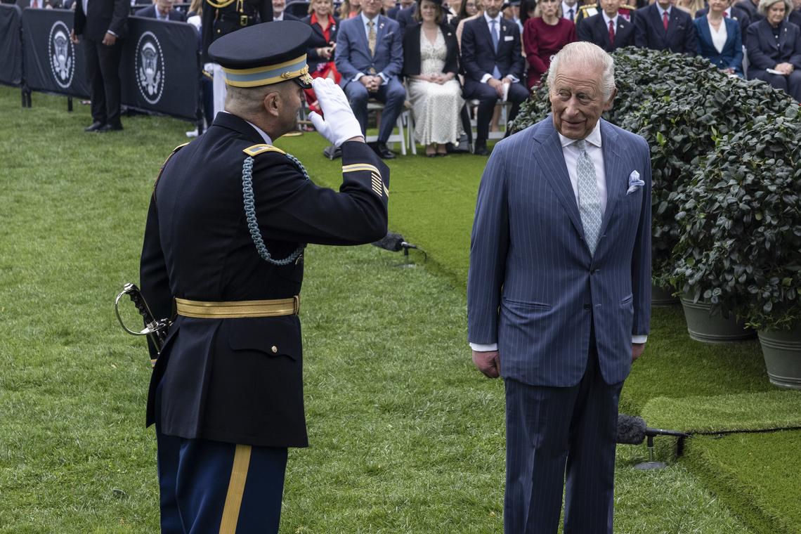 King Charles III reacts as he is saluted during an arrival ceremony on the South Lawn of the White House in Washington, on Tuesday, April 28, 2026. (Anna Rose Layden/The New York Times)