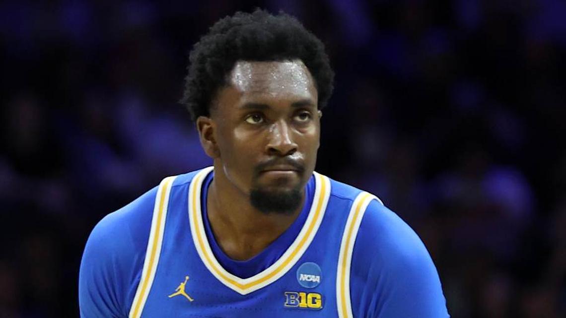  Mar 22, 2026; Philadelphia, PA, USA; UCLA Bruins center Xavier Booker (1) reacts against the UConn Huskies in the first half during a second round game of the men's 2026 NCAA Tournament at Xfinity Mobile Arena. Mandatory Credit: Bill Streicher-Imagn Images | Bill Streicher-Imagn Images 