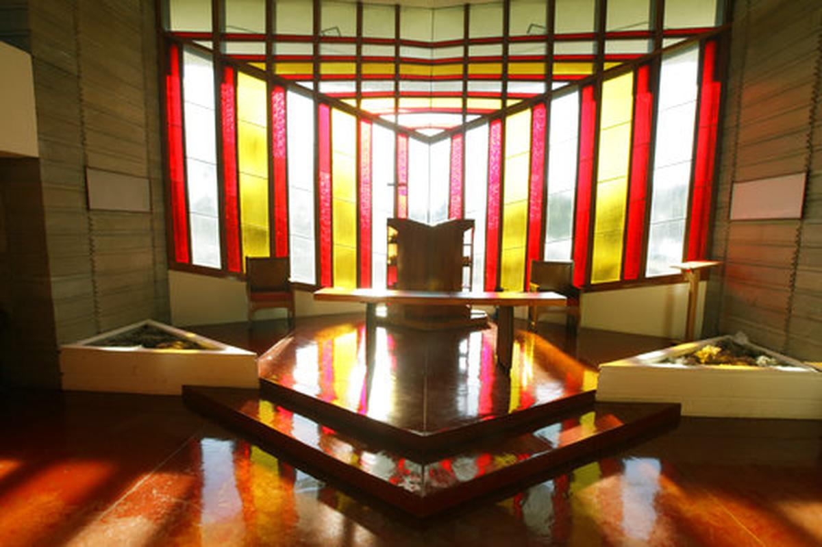 This photo taken Jan. 28, 2010 shows the interior of William H. Danforth Chapel at Florida Southern College in Lakeland, Fla. The campus is home to the world’s largest single-site collection of Frank Lloyd Wright architecture.