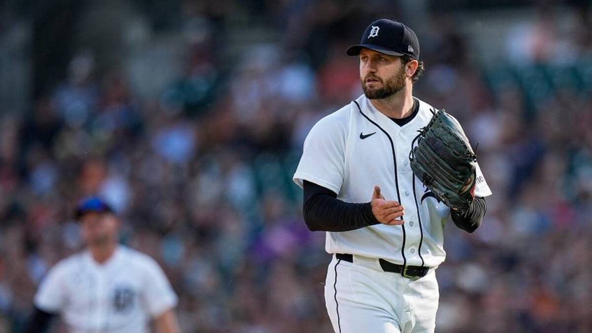  Detroit Tigers pitcher Casey Mize (12) celebrates a double play against Los Angeles Angels during the first inning at Comerica Park in Detroit on Wednesday, May 27, 2026. | Junfu Han / USA TODAY NETWORK via Imagn Images 