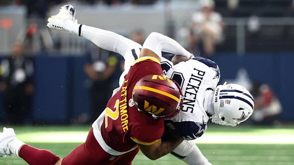  Oct 19, 2025; Arlington, Texas, USA; Dallas Cowboys wide receiver George Pickens (3) makes a reception defended by Washington Commanders cornerback Marshon Lattimore (2) during the second quarter of the game at AT&T Stadium. Mandatory Credit: Kevin Jairaj-Imagn Images | Kevin Jairaj-Imagn Images 
