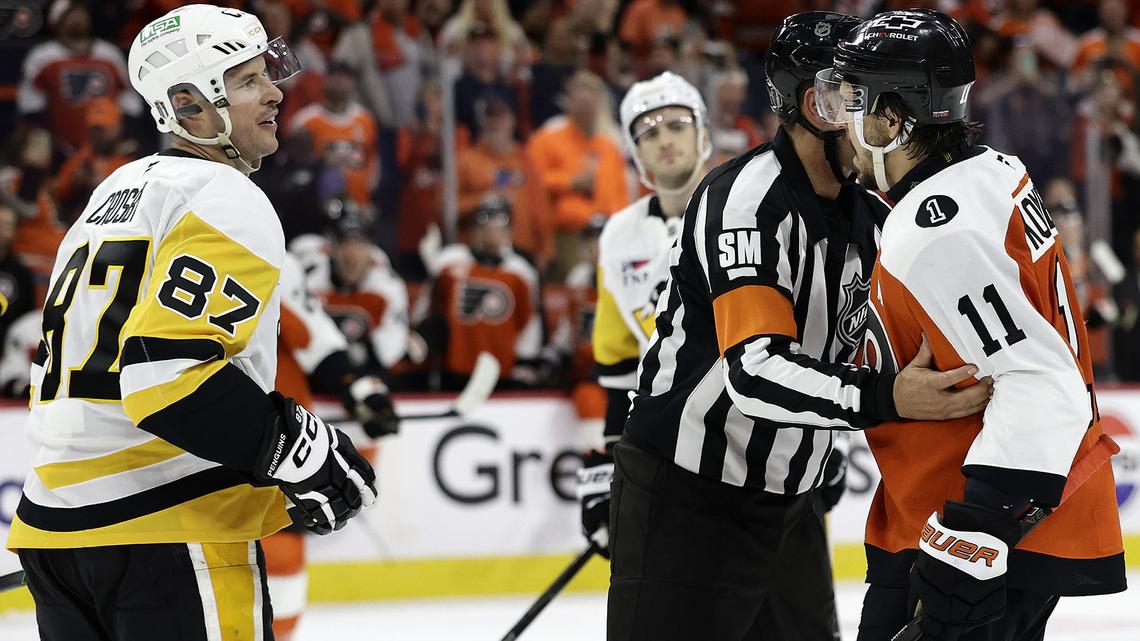 The Philadelphia Flyers' Travis Konecny (11) was in and around the mayhem all night in a monumental playoff win for the young Flyers against Sydney Crosby (87) and the Pittsburgh Penguins on Wednesday, April 22, 2026. (Yong Kim/The Philadelphia Inquirer/TNS)