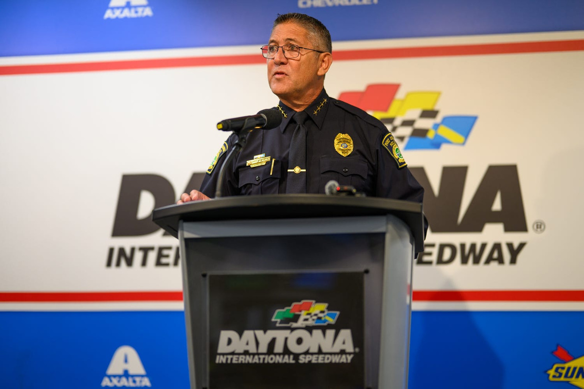 Port Orange Police Chief Manuel Marino speaks during a press conference for Operation Southern Slow Down on July 13, 2026, at Daytona International Speedway in Daytona Beach.