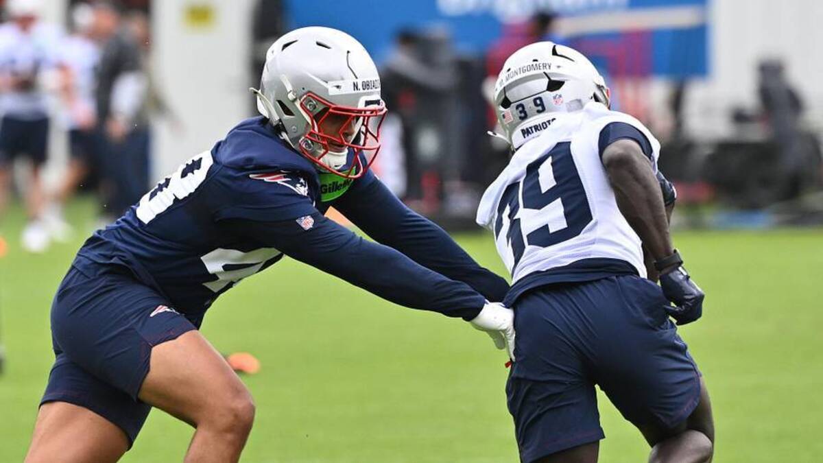  May 9, 2026; Foxborough, MA, USA; New England Patriots linebacker Namdi Obiazor (48) does a drill with running back Myles Montgomery (39) during the New England Patriots rookie camp at Gillette Stadium. Mandatory Credit: Eric Canha-Imagn Images | Eric Canha-Imagn Images 