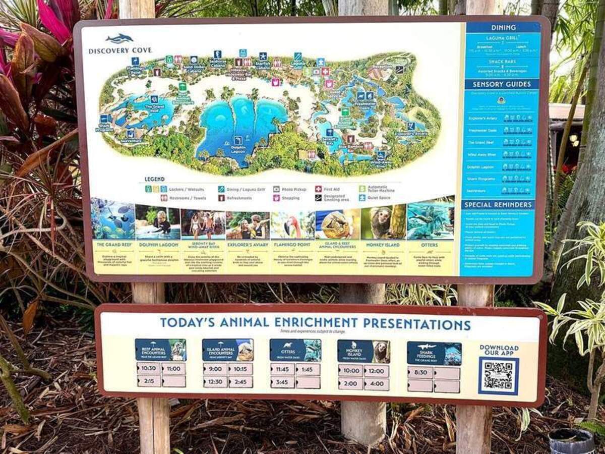  Viewing the map of the park reveals the layout of Discovery Cove, along with sensory guides and special reminders. Photo credit: Mikkel Woodruff 