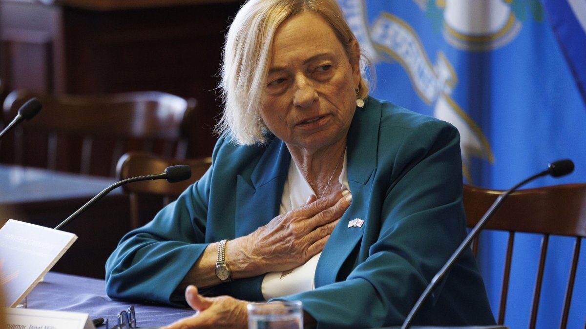 Maine Gov. Janet Mills addresses her counterparts during a convening of the northeastern Governors and Canadian Premiers at the Massachusetts State House to discuss the impacts of President Trump's tariffs in Boston, on June 16, 2025. Mills has endorsed Democrat Hannah Pingree to succeed her in the governor's office. File Photo by CJ Gunther/EPA