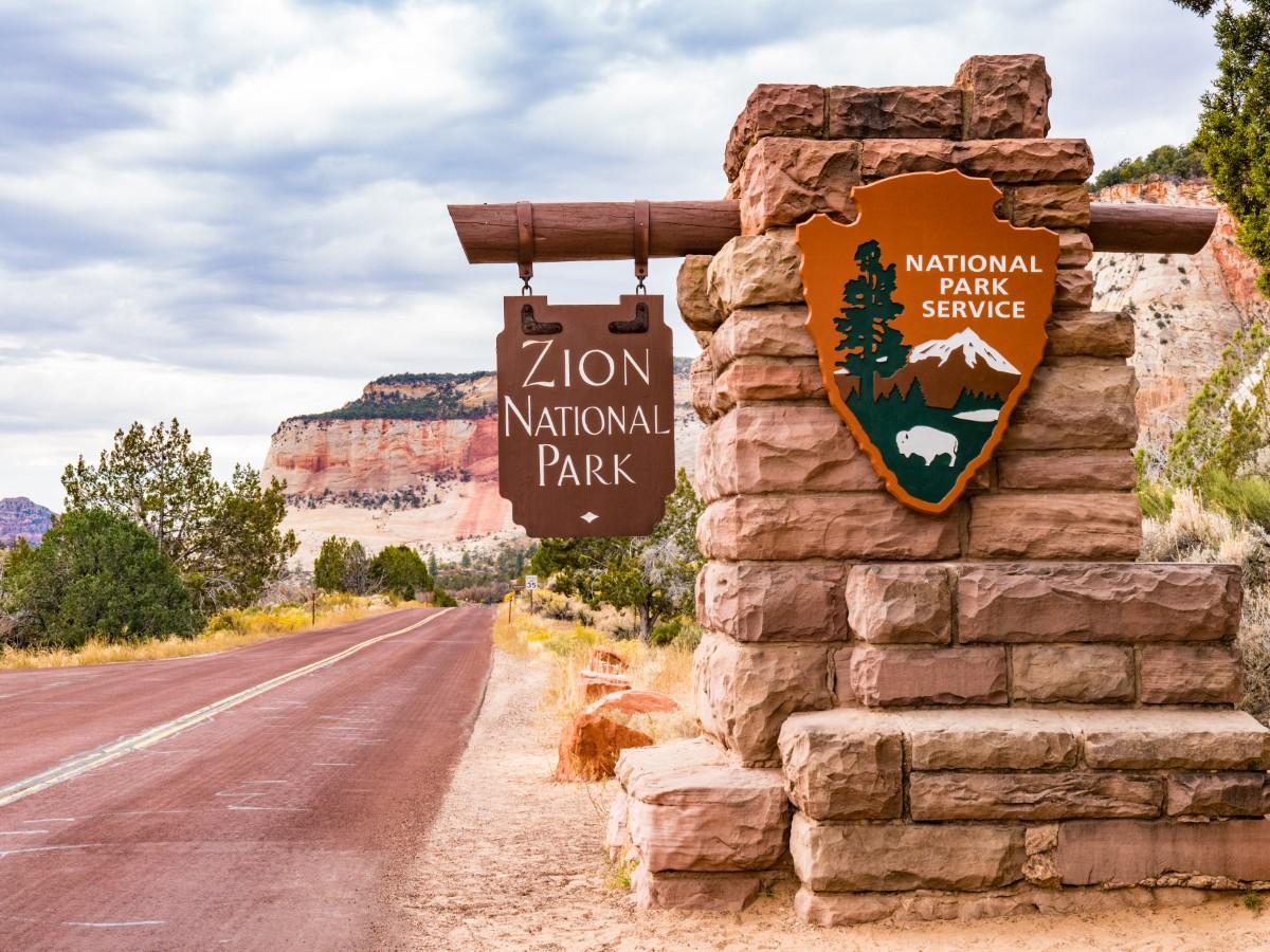  The entrance sign to Zion National Park in Springdale, Utah, photographed in 2017. 