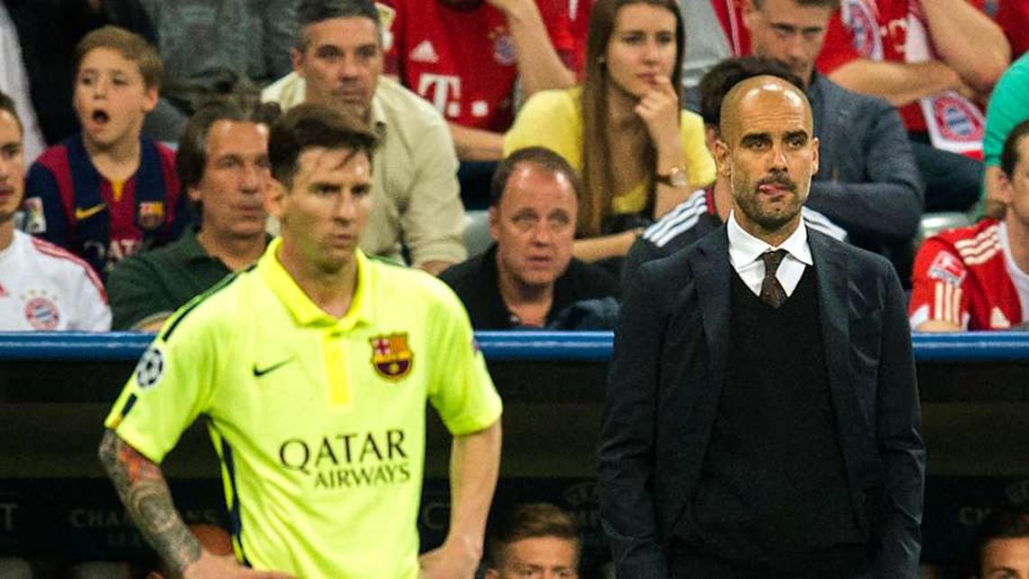  Pep Guardiola (right) led FC Barcelona in some of the best years of Lionel Messi's (left) career. | ODD ANDERSEN/Getty Images 