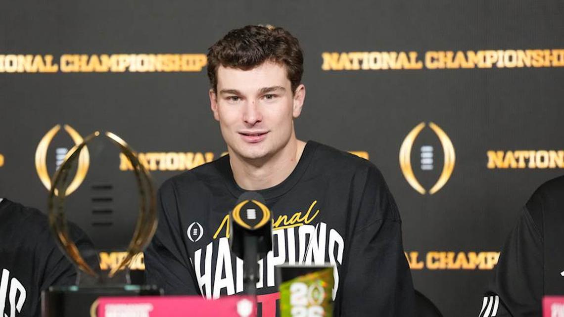  Jan 19, 2026; Miami Gardens, FL, USA; Indiana Hoosiers quarterback Fernando Mendoza (15) speaks to the media after the College Football Playoff National Championship game against the Miami Hurricanes at Hard Rock Stadium. Mandatory Credit: Kirby Lee-Imagn Images | Kirby Lee-Imagn Images 