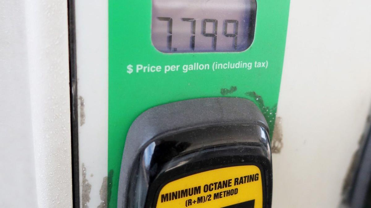 The price for 87 octane gasoline is set at over $7 per gallon with some fuel grades just short of $8 per gallon at a gas station in New York City on March 30. File Photo by John Angelillo/UPI