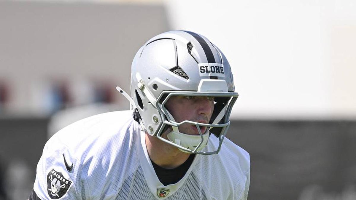  May 2, 2026; Henderson, NV, USA; Las Vegas Raiders defensive end Cian Slone (48) runs through a drill during a Rookie Minicamp at Intermountain Health Performance Center. Mandatory Credit: Candice Ward-Imagn Images | Candice Ward-Imagn Images 