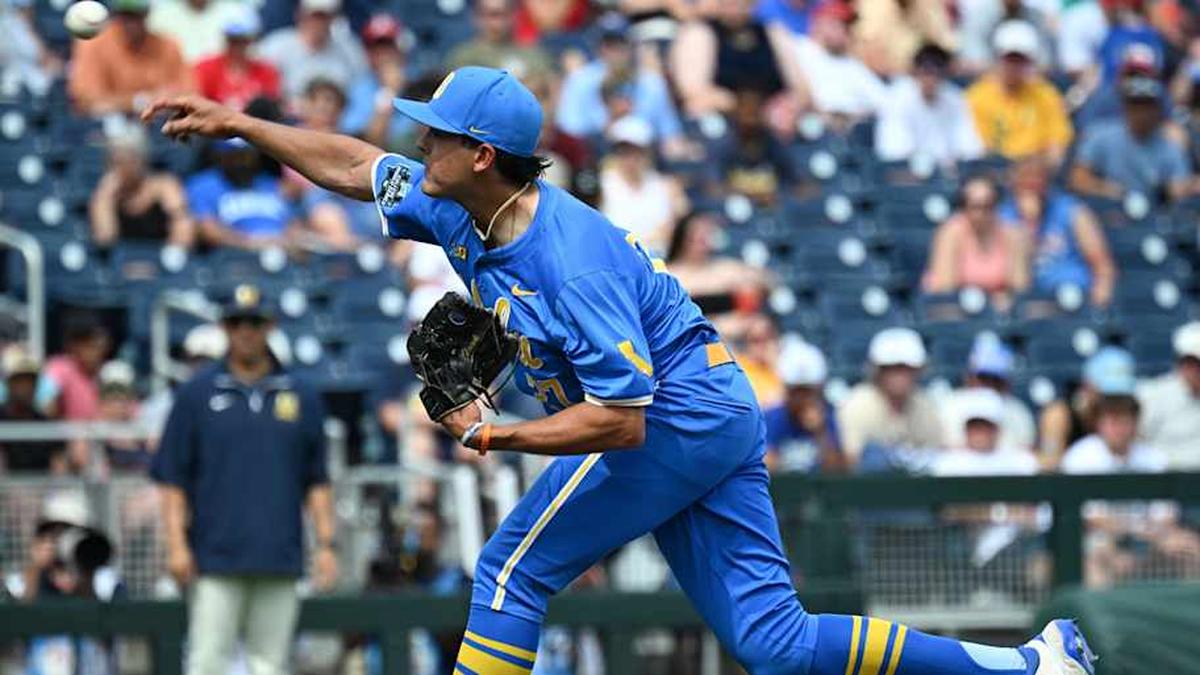  Jun 14, 2025; Omaha, Neb, USA; UCLA Bruins pitcher Easton Hawk (27) throws against the Murray State Racers during the ninth inning at Charles Schwab Field. Mandatory Credit: Steven Branscombe-Imagn Images | Steven Branscombe-Imagn Images 