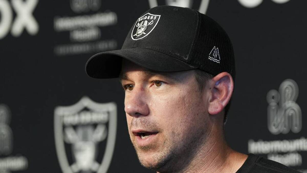  May 20, 2026; Henderson, NV, USA; Las Vegas Raiders head coach Klint Kubiak speaks during a news conference during organized team activities at Intermountain Health Performance Center. Mandatory Credit: Candice Ward-Imagn Images | Candice Ward-Imagn Images 
