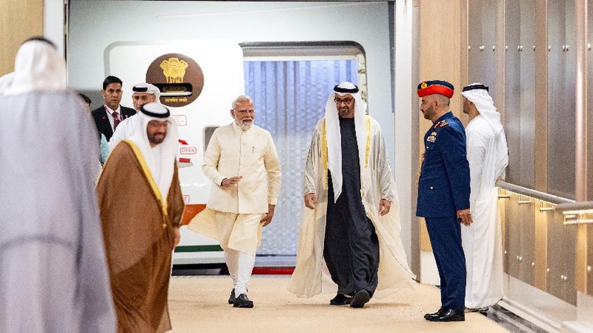 President of the United Arab Emirates Mohamed bin Zayed Al Nahyan receives Indian Prime Minister Narendra Modi during an official visit at the Presidential Airport, in Abu Dhabi, United Arab Emirates May 15, 2026. Ryan Carter/UAE Presidential Court/Handout via REUTERS