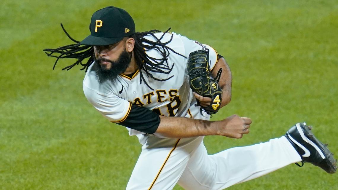 Pittsburgh Pirates reliever Richard Rodriguez pitches against the Kansas City Royals in the ninth inning of a baseball game, Tuesday, April 27, 2021, in Pittsburgh. The Pirates won 2-1.(AP Photo/Keith Srakocic)