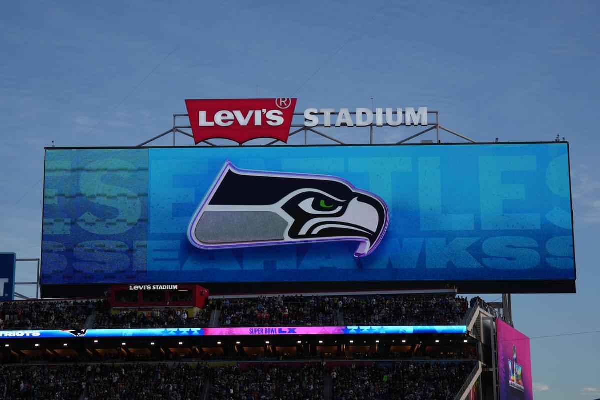  The Seattle Seahawks logo is shown during the game in Super Bowl LX 