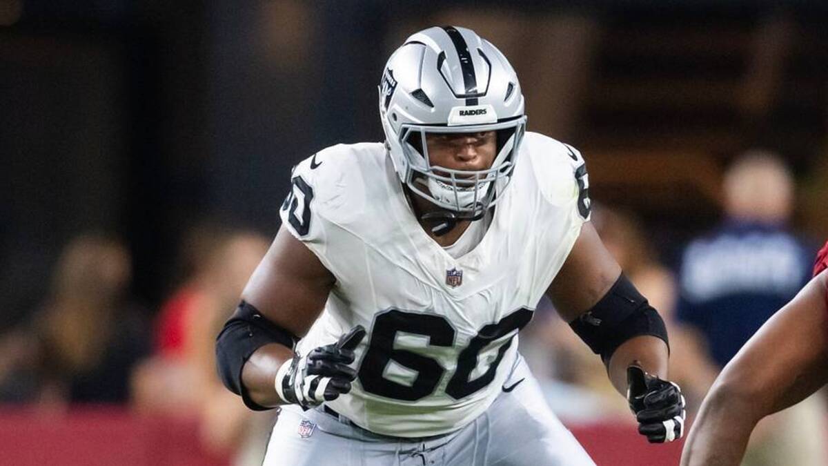  Aug 23, 2025; Glendale, Arizona, USA; Las Vegas Raiders tackle Charles Grant (60) against the Arizona Cardinals during a preseason NFL game at State Farm Stadium. Mandatory Credit: Mark J. Rebilas-Imagn Images | IMAGN IMAGES via Reuters Connect 