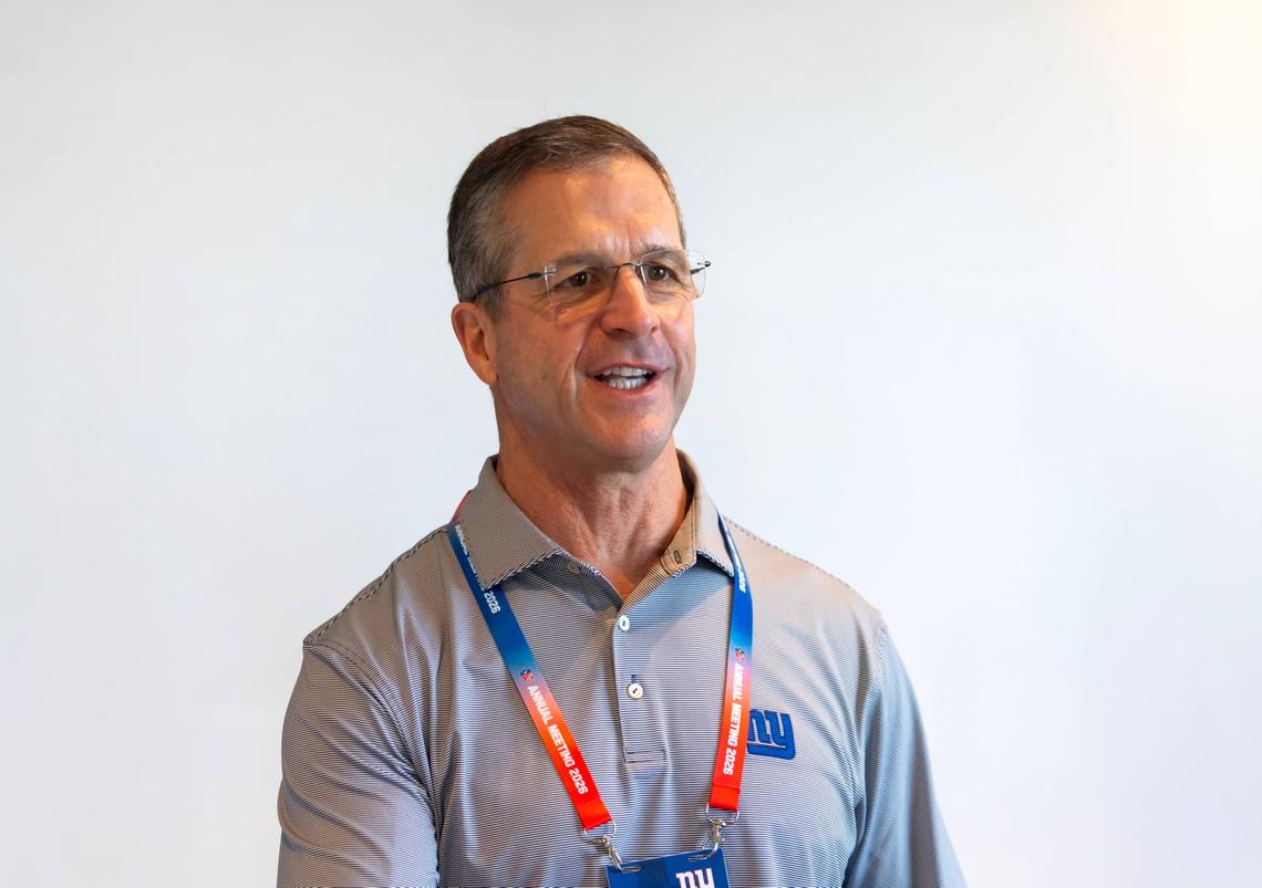  New York Giants head coach John Harbaugh during the 2026 NFL Annual League Meeting at the Arizona Biltmore. Mark J. Rebilas-Imagn Images