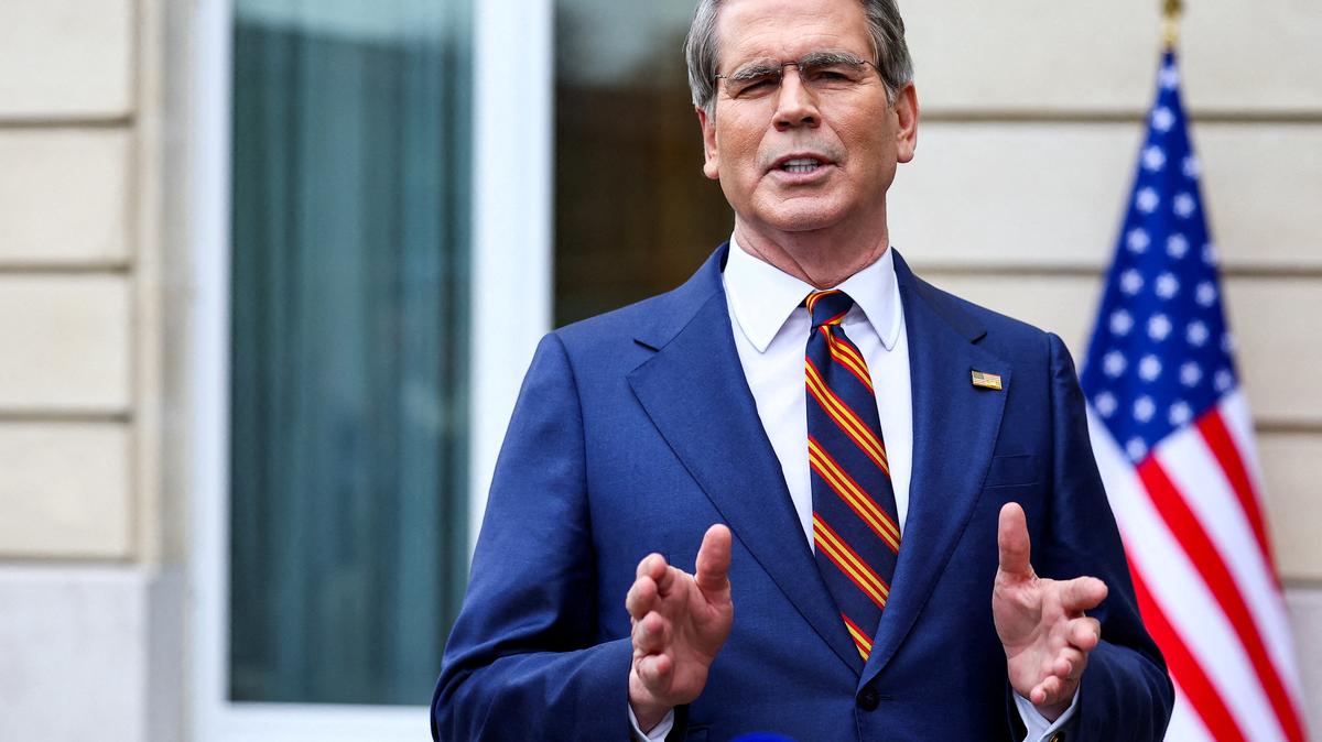 FILE PHOTO: U.S. Treasury Secretary Scott Bessent speaks to the media after two days of meetings with a Chinese delegation, in Paris, France March 16, 2026. REUTERS/Abdul Saboor/File Photo