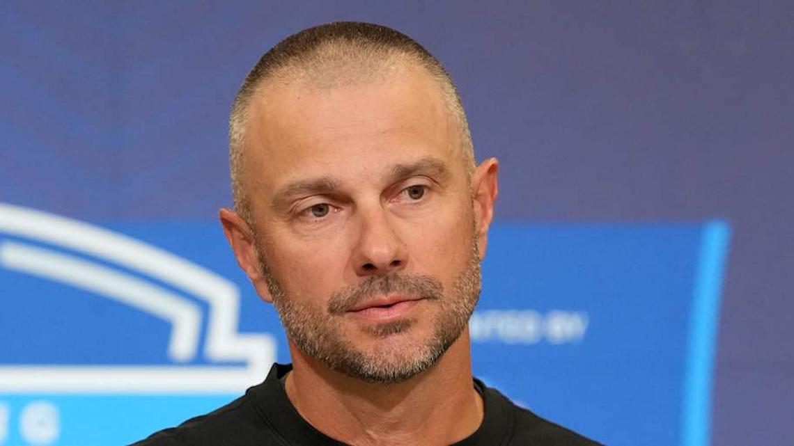  Feb 24, 2026; Indianapolis, IN, USA; Las Vegas Raiders general manager John Spytek speaks at the NFL Scouting Combine at the Indiana Convention Center. Mandatory Credit: Kirby Lee-Imagn Images | Kirby Lee-Imagn Images 