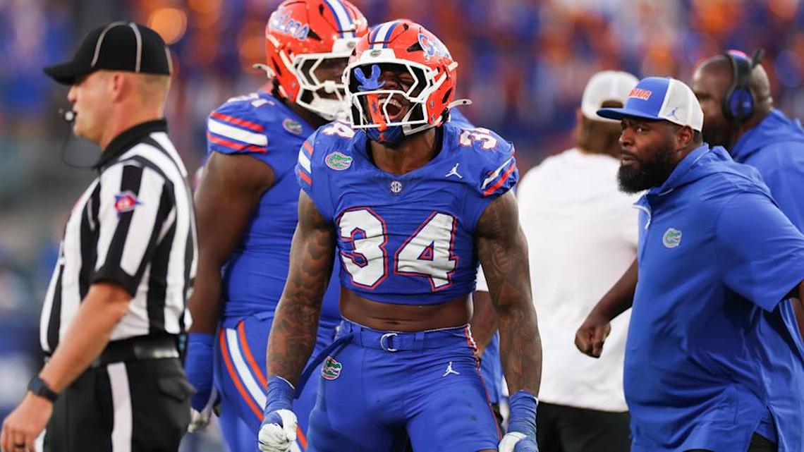  Nov 1, 2025; Jacksonville, Florida, USA; Florida Gators edge rusher George Gumbs Jr. (34) celebrates a play in the second half against the Georgia Bulldogs at EverBank Stadium. Mandatory Credit: Matt Pendleton-Imagn Images | Matt Pendleton-Imagn Images 