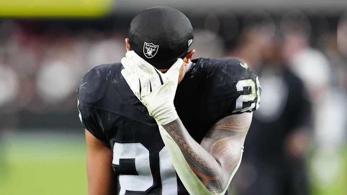  Nov 2, 2025; Paradise, Nevada, USA; Las Vegas Raiders safety Isaiah Pola-Mao (20) reacts after the loss against the Jacksonville Jaguars at Allegiant Stadium. Mandatory Credit: Stephen R. Sylvanie-Imagn Images | Stephen R. Sylvanie-Imagn Images 
