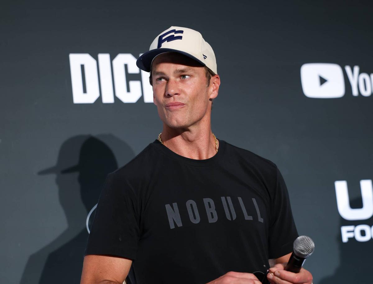  Tom Brady at the Fanatics Flag Football Classic Press Conference held at BMO Stadium in Los Angeles, California. TJC Olivera/Variety via Getty Images