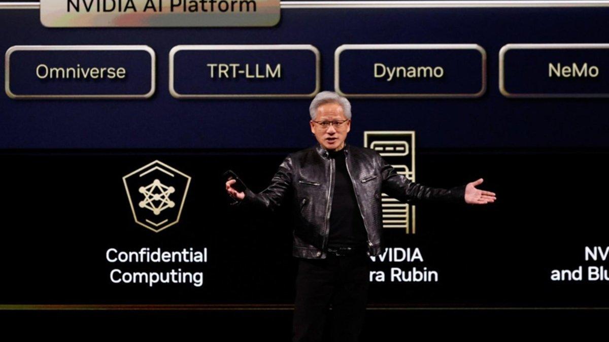 NVIDIA CEO Jensen Huang delivers his keynote speech as part of the COMPUTEX 2026 AI exhibition in Taipei, Taiwan, 01 June 2026. Jensan Huang officially announced NVIDIA’s new products and various AI integration. Photo by RITCHIE B. TONGO / EPA