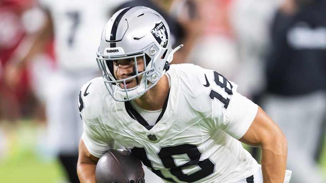 Aug 23, 2025; Glendale, Arizona, USA; Las Vegas Raiders wide receiver Jack Bech (18) against the Arizona Cardinals during a preseason NFL game at State Farm Stadium. Mandatory Credit: Mark J. Rebilas-Imagn Images | Mark J. Rebilas-Imagn Images 