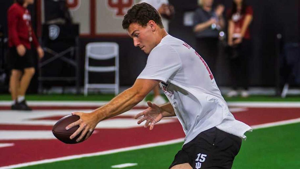  Fernando Mendoza participates in Indiana University's Pro Day at Mellencamp Pavilion on Wednesday, April 1, 2026. | Rich Janzaruk/Herald-Times / USA TODAY NETWORK via Imagn Images 