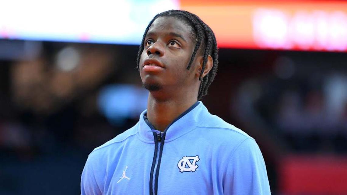  Feb 21, 2026; Syracuse, New York, USA; North Carolina Tar Heels forward Caleb Wilson (8) looks on prior to the game against the Syracuse Orange at the JMA Wireless Dome. Mandatory Credit: Rich Barnes-Imagn Images | Rich Barnes-Imagn Images 