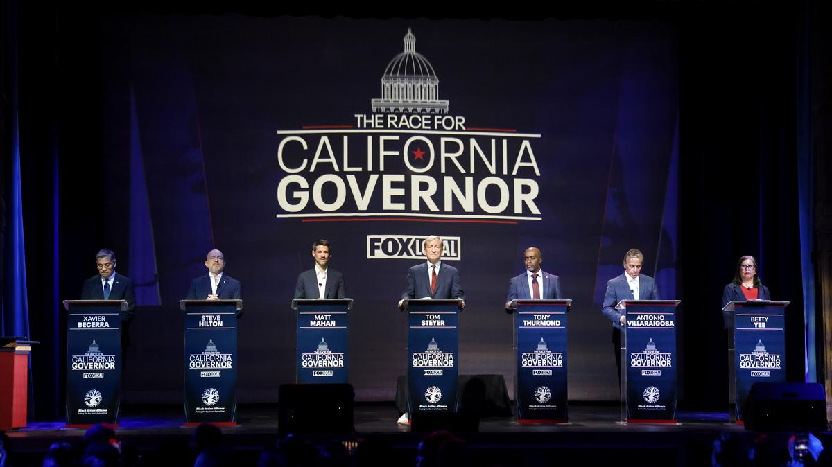 Gubernatorial candidates, from left to right, Xavier Becerra, former U.S. Secretary of Health and Human Services and Attorney General of California, Steve Hilton, political commentator, Matt Mahan, San Jose mayor, Tom Steyer, entrepreneur, Tony Thurmond, California's state superintendent of public instruction, Antonio Villaraigosa, former Los Angeles mayor and Betty Yee, former California state controller, participate in “The Race for California Governor” gubernatorial debate presented by the Black Action Alliance at The Bayview Opera House in San Francisco, California, on Tuesday, Feb. 3, 2026. 
California Democrats risk losing the governor’s race unless nonviable candidates drop out.