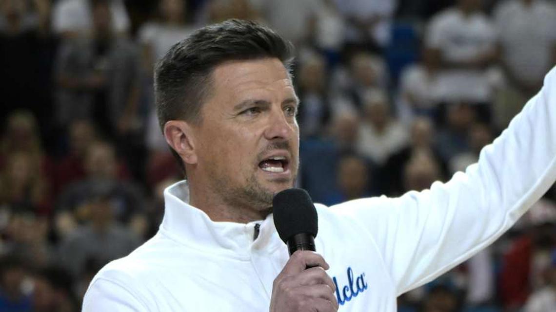  Jan 31, 2026; Los Angeles, California, USA; UCLA Bruins head football coach Bob Chesney is introduced during the basketball game against the Indiana Hoosiers at Pauley Pavilion presented by Wescom Financial. Mandatory Credit: Jayne Kamin-Oncea-Imagn Images | Jayne Kamin-Oncea-Imagn Images 