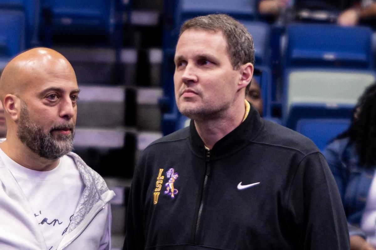  Mar 29, 2026; New Orleans, Louisiana, USA; LSU Tigers mens basketball head coach Will Wade looks on against the Houston Rockets during the first half at Smoothie King Center. Mandatory Credit: Stephen Lew-Imagn Images 