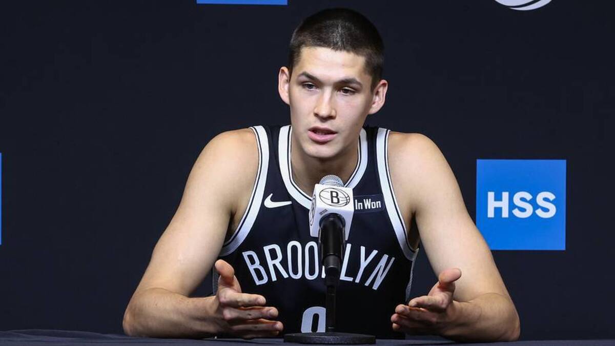  Sep 23, 2025; Brooklyn, NY, USA; Brooklyn Nets guard Egor Demin (8) speaks at Media Day. | IMAGN IMAGES via Reuters Connect 