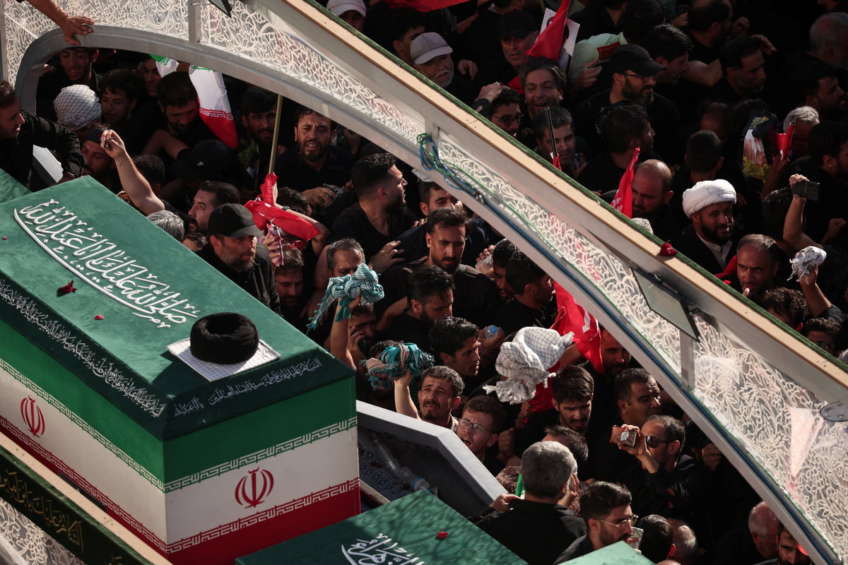 Vehicle transports the coffin of Iran's late Supreme Leader Ayatollah Ali Khamenei, who was killed on February 28 in Israeli and U.S. airstrikes, and coffins of his family members, on the day of his burial, in a culmination of a mass funeral, in Mashhad, Iran, July 9, 2026. REUTERS/REUTERS/Alkis Konstantinidis