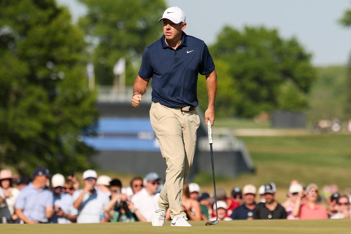  Rory McIlroy reacts after making his birdie putt on the 14th hole during the final round of the PGA Championship at Aronimink Golf Club on Sunday, May 17, 2026, in Newtown Square, Pennsylvania. (Photo by Scott Taetsch/PGA of America)