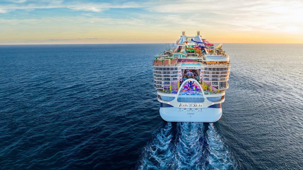 Aft view of Royal Caribbean's Icon of the Seas cruise ship at sea.. 