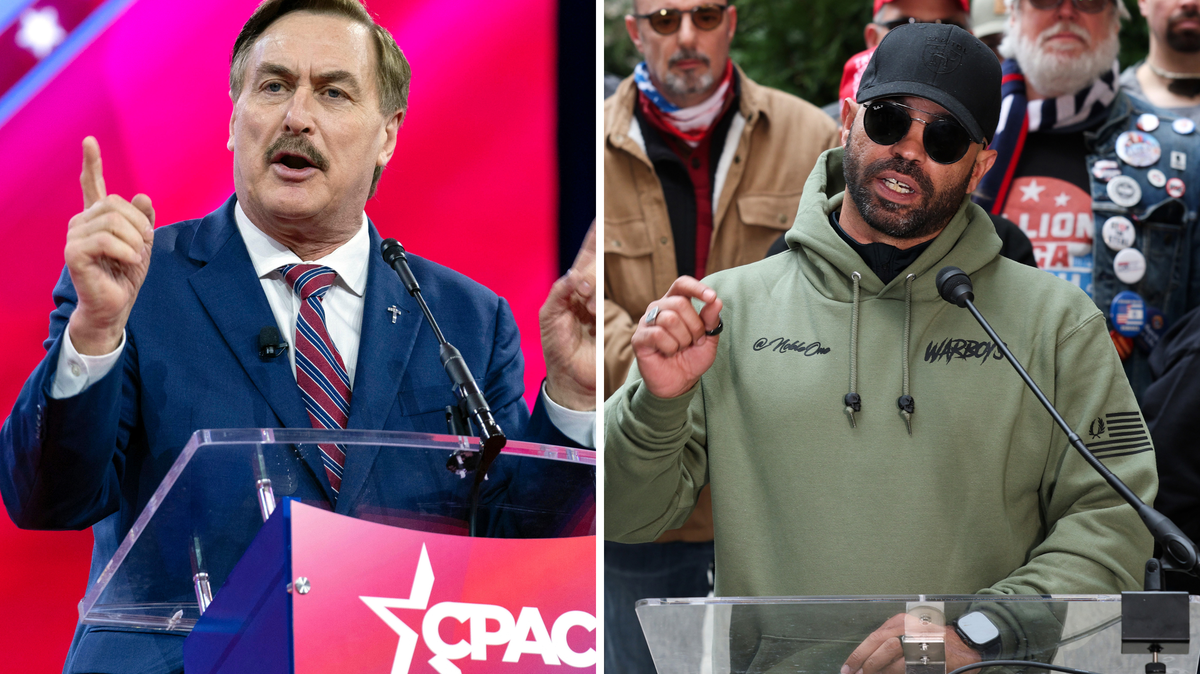 Left, MyPillow CEO Mike Lindell speaks during the Conservative Political Action Conference at the National Harbor in Oxon Hill, Maryland, on Feb. 24, 2024. Right, former Proud Boys leader Enrique Tarrio speaks outside the Willard Hotel during a Jan. 6, 2021, memorial march on Jan. 6 in Washington. Both men said that they will be applying for compensation through the Department of Justice’s newly launched “Anti-Weaponization” fund.