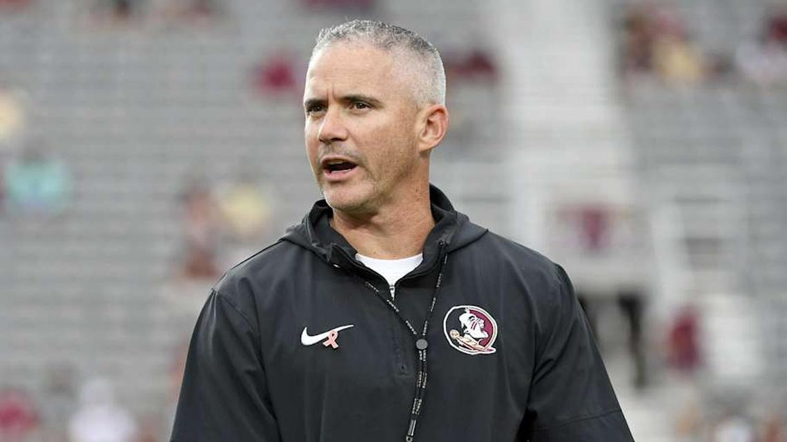  Oct 5, 2024; Tallahassee, Florida, USA; Florida State Seminoles head coach Mike Norvell reacts before the game against the Clemson Tigers at Doak S. Campbell Stadium. Mandatory Credit: Melina Myers-Imagn Images | Melina Myers-Imagn Images 