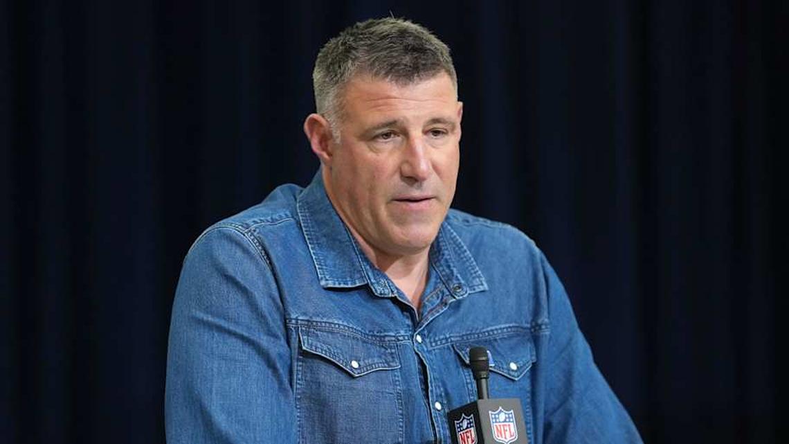  Feb 25, 2026; Indianapolis, IN, USA; New England Patriots coach Mike Vrabel speaks during the NFL Scouting Combine at the Indiana Convention Center. Mandatory Credit: Kirby Lee-Imagn Images | Kirby Lee-Imagn Images 