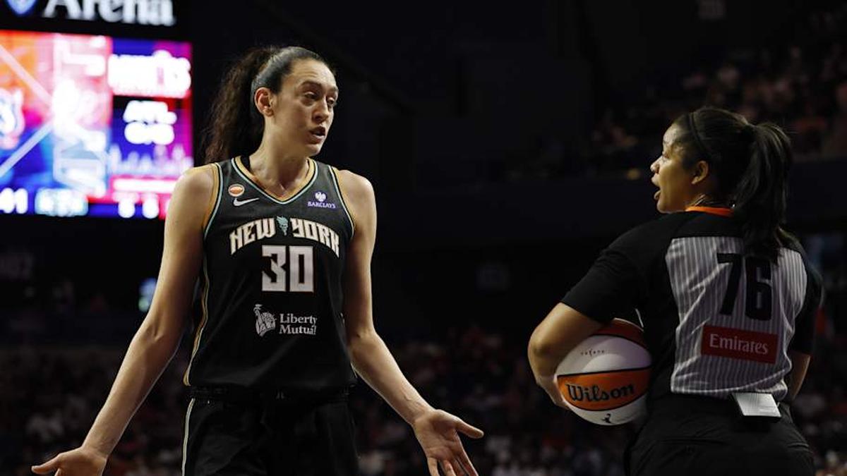  New York's Breanna Stewart wasn't happy with how fouls disrupted the Liberty's game against the Mystics on Monday. | Geoff Burke-Imagn Images 