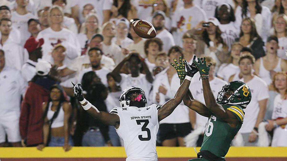  Iowa State Cyclones defensive back Jontez Williams (3) knocks out the ball from Baylor Bears wide receiver Hal Presley (16) during the third quarter in the NCAA football at Jack Trice Stadium on Saturday, Oct. 5, 2024, in Ames, Iowa. | Nirmalendu Majumdar/Ames Tribune / USA TODAY NETWORK via Imagn Images 