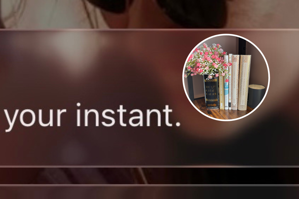  A screenshot of a user reacting to a post on Instagram’s new Instants feature (L); and an image of a bouquet of flowers next to a stack of books. 